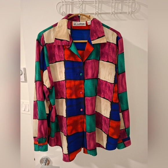 Vintage Tops - Vintage Le Caviar Women's Festive/Vibrant Check Button-Up Shirt (Size M)